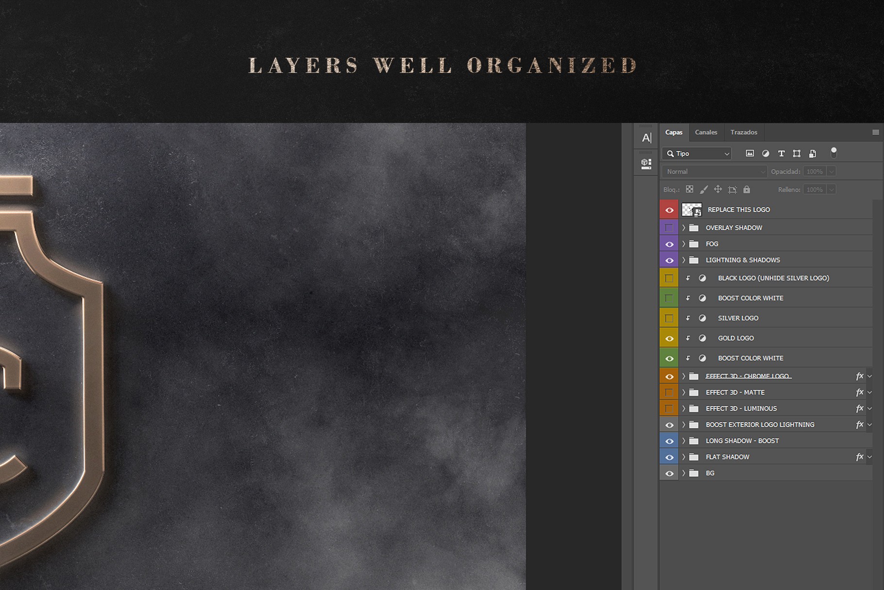 Well-organized Photoshop layers displayed, demonstrating easy customization and structured PSD files.