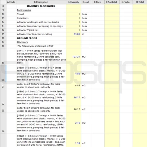 Screenshot of RIB CostX estimating software showing the workbook with SoQ takeoff quantities schedule by SubsQS Ltd for Blockwork