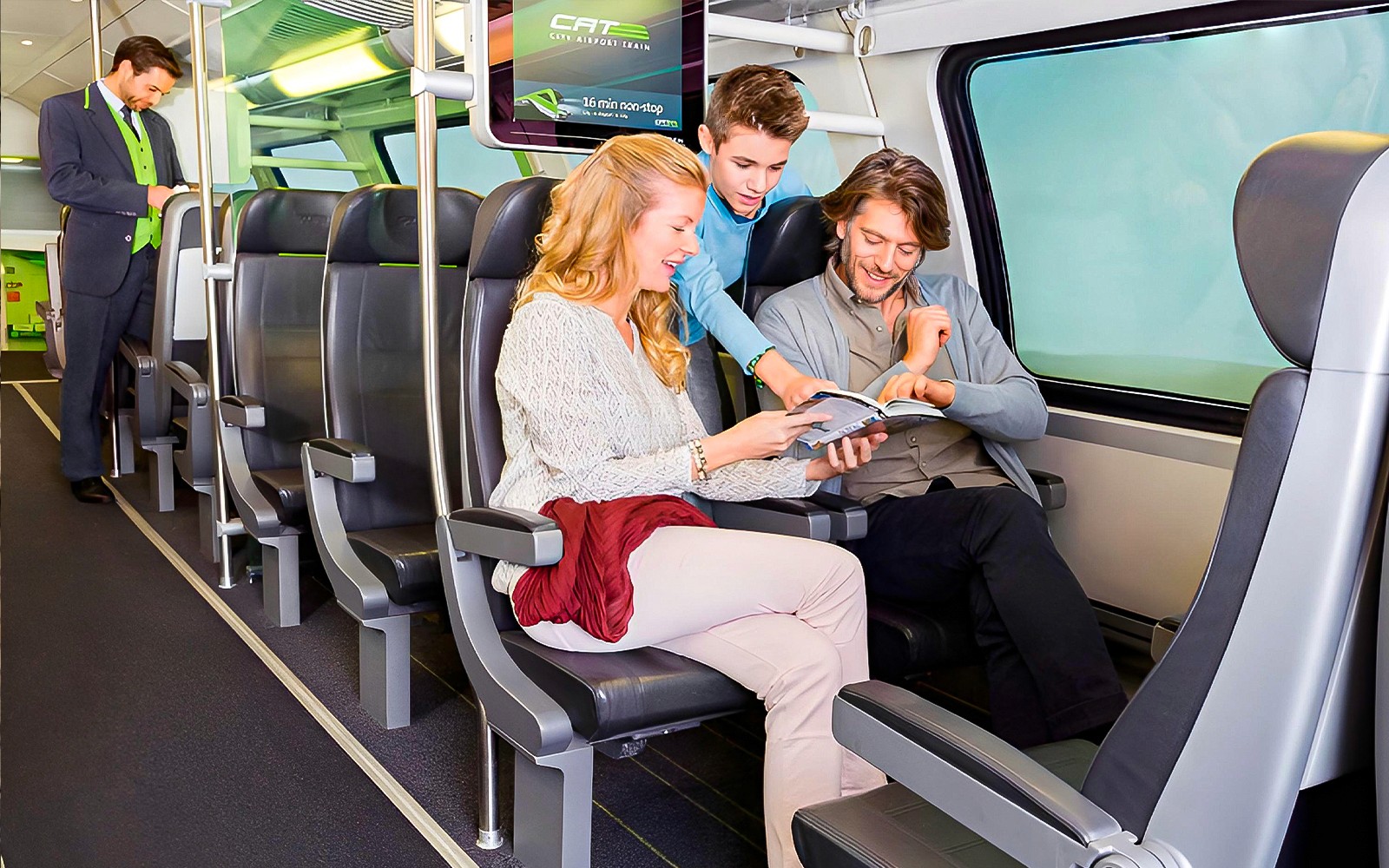 Passengers enjoying a ride on the Vienna City Airport Train.