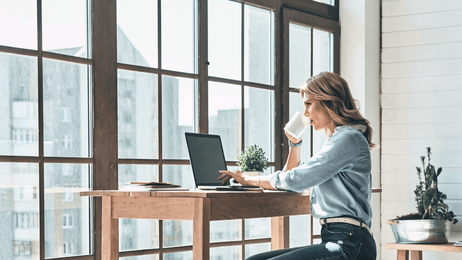 Sipping Coffee at Table