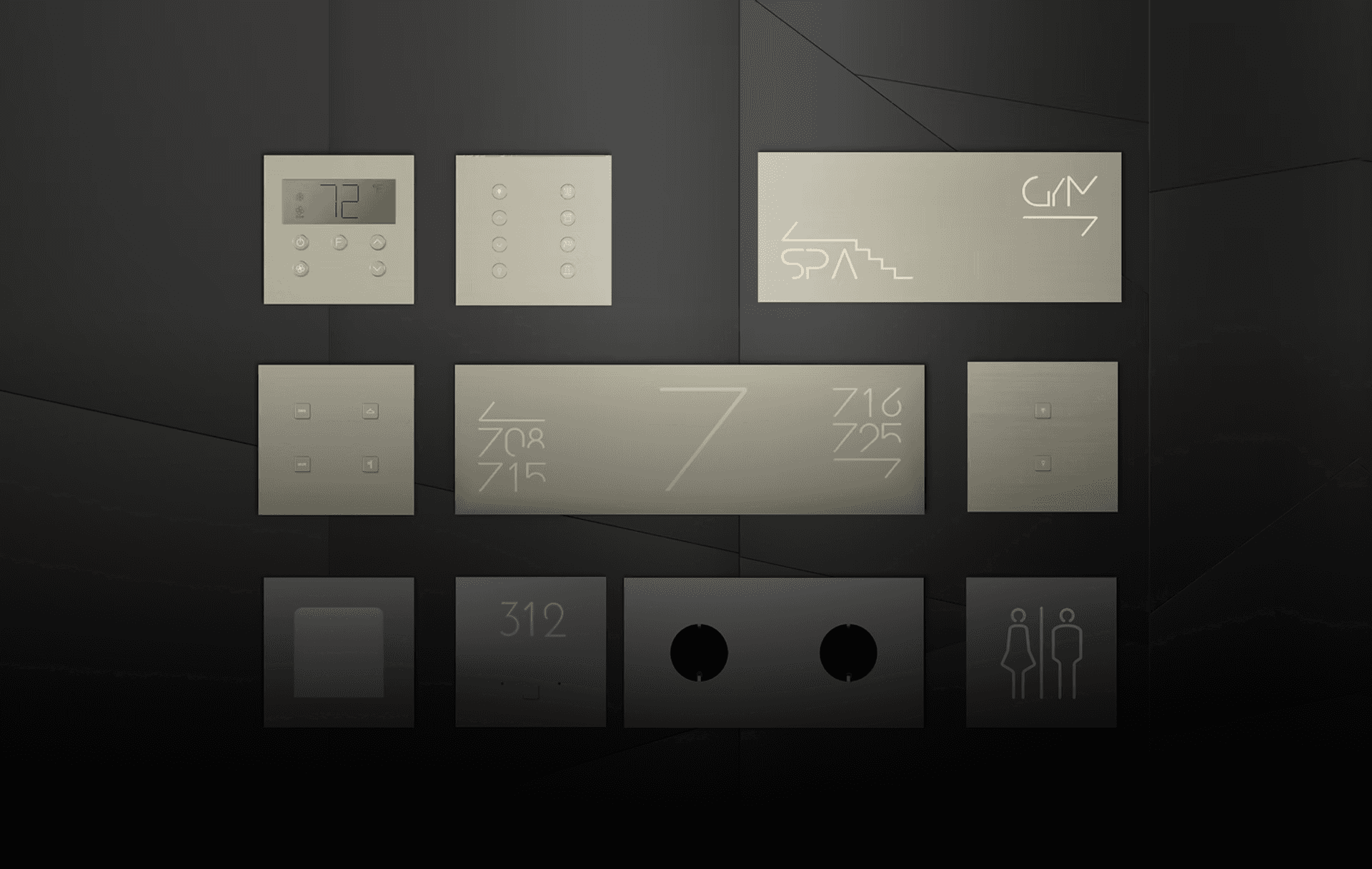 Modern interior door hardware including thermostat and room numbers