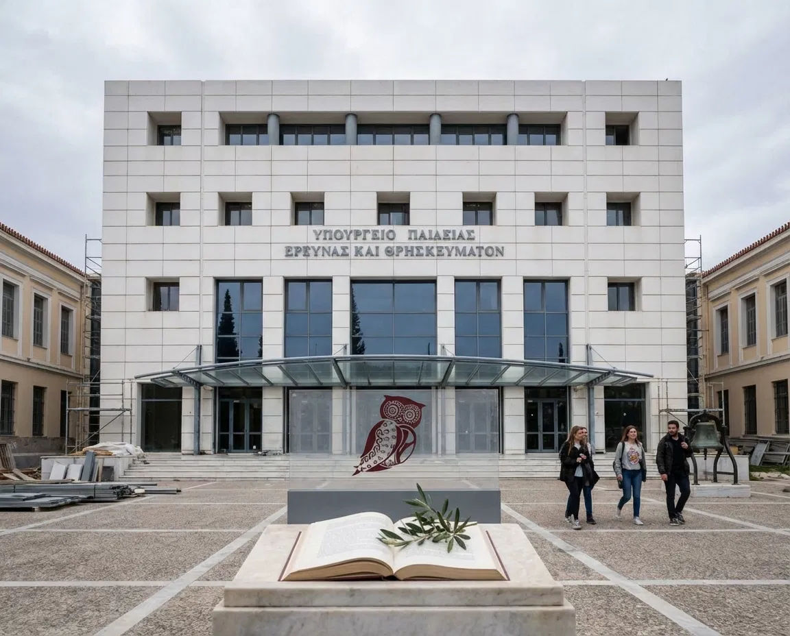 Modern Greek Ministry of Education building symbolizing upcoming education reforms.