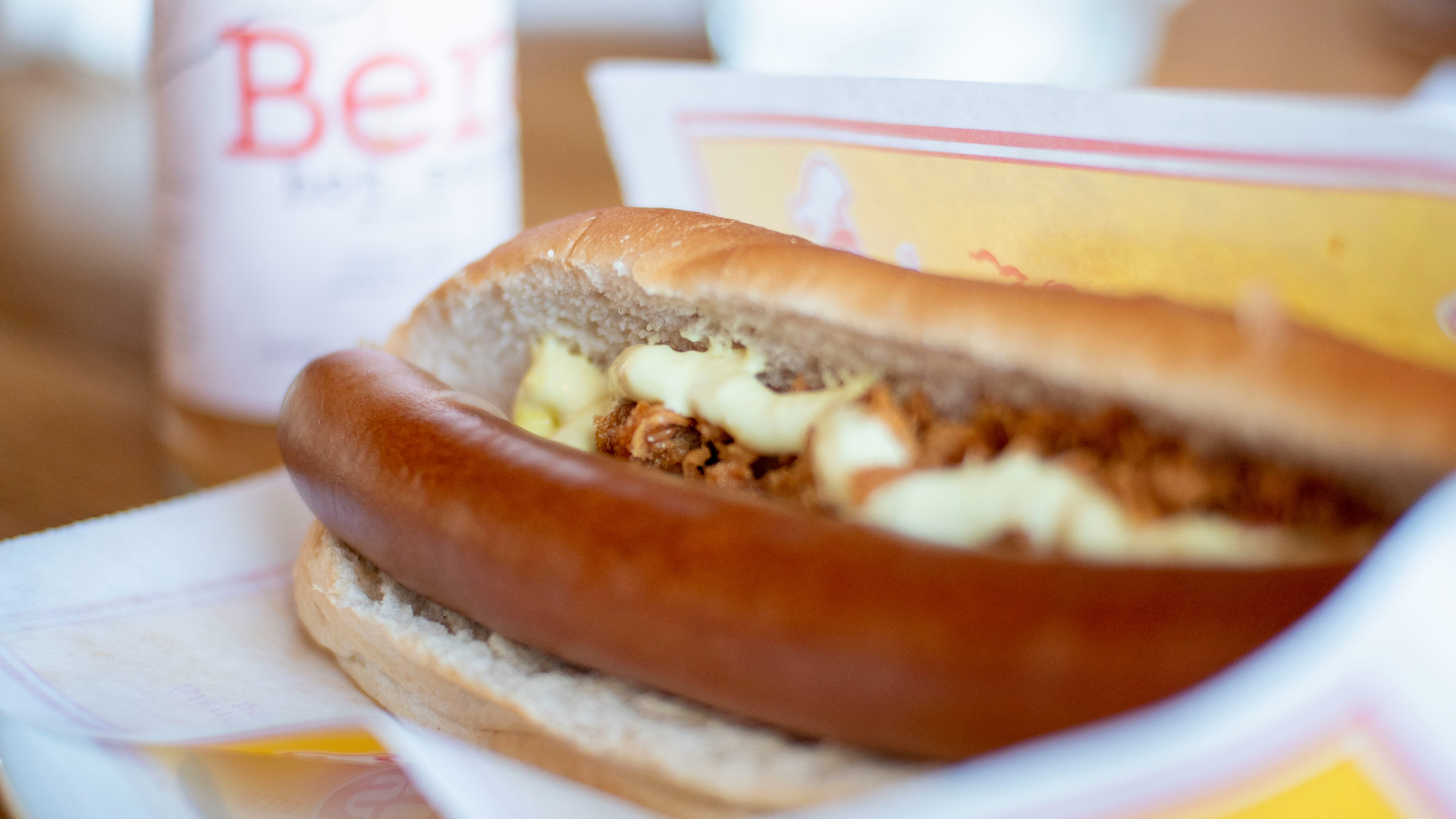 Traditional Icelandic hot dog with classic toppings.