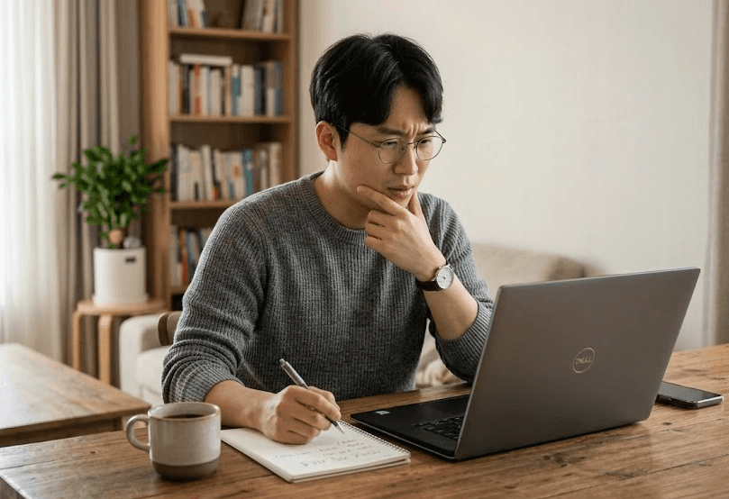원목 테이블에서 남성이 노트북 화면을 진지하게 바라보며 공책에 펜으로 인터넷 가입 사은품을 적고 있는 모습입니다. 과도한 인터넷 가입 사은품을 보며 의문을 가지고 있는 모습입니다.