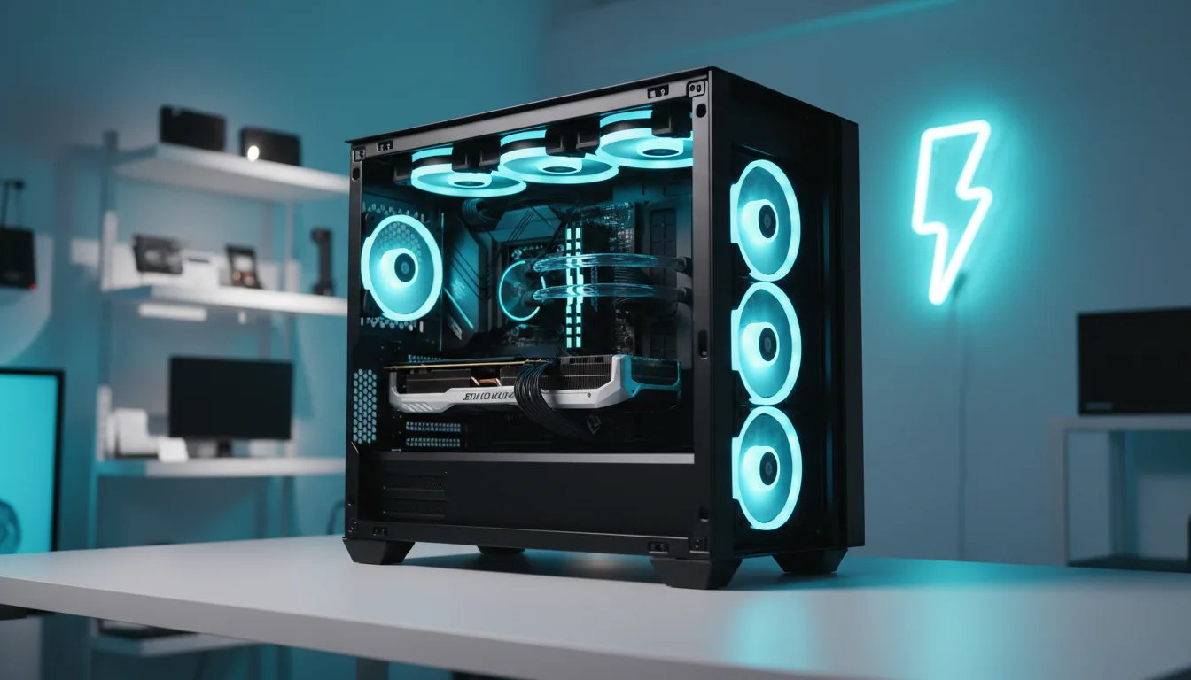 DSLR product photography of a high-performance custom PC workstation, angled on a clean white desk. The open-sided black tower case reveals meticulously organized internal components, all illuminated by vibrant cyan-blue RGB LED fans on the top, side, and rear. A large, angular silver and black graphics card is prominently displayed. The scene features soft studio lighting. The background is a tech studio with a shallow depth of field, showing blurred white shelves and a bright blue wall with a glowing neon lightning bolt sign.