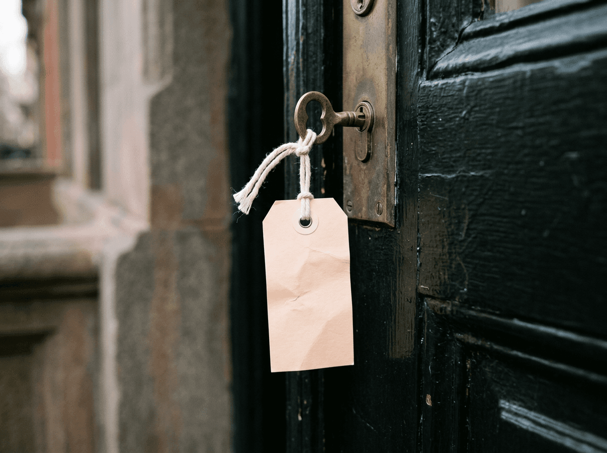 A key on a Rowe key tag in a brownstone door