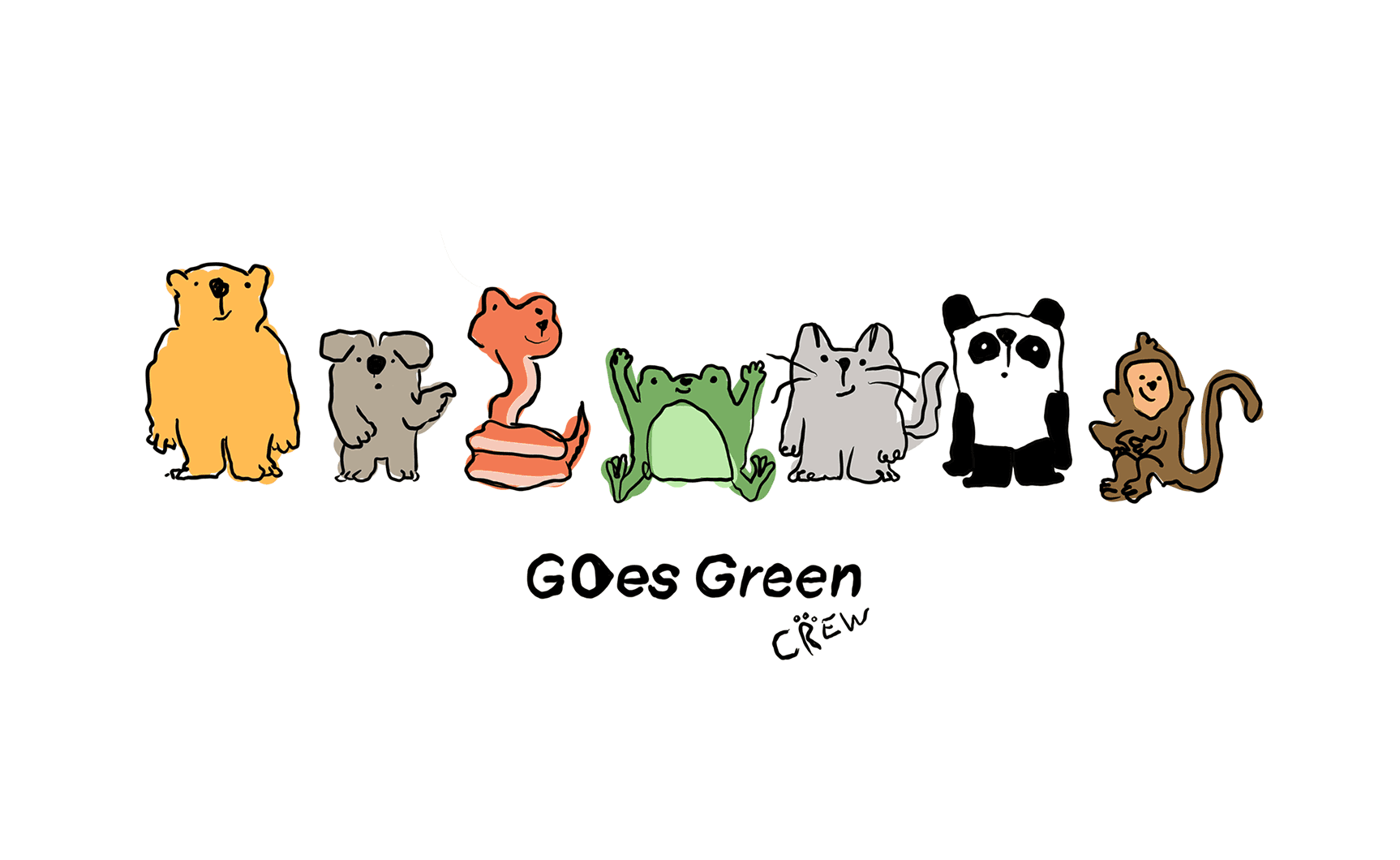 Line of six cartoon animal mascots that make up the 'GOes Green CREW' branding.
