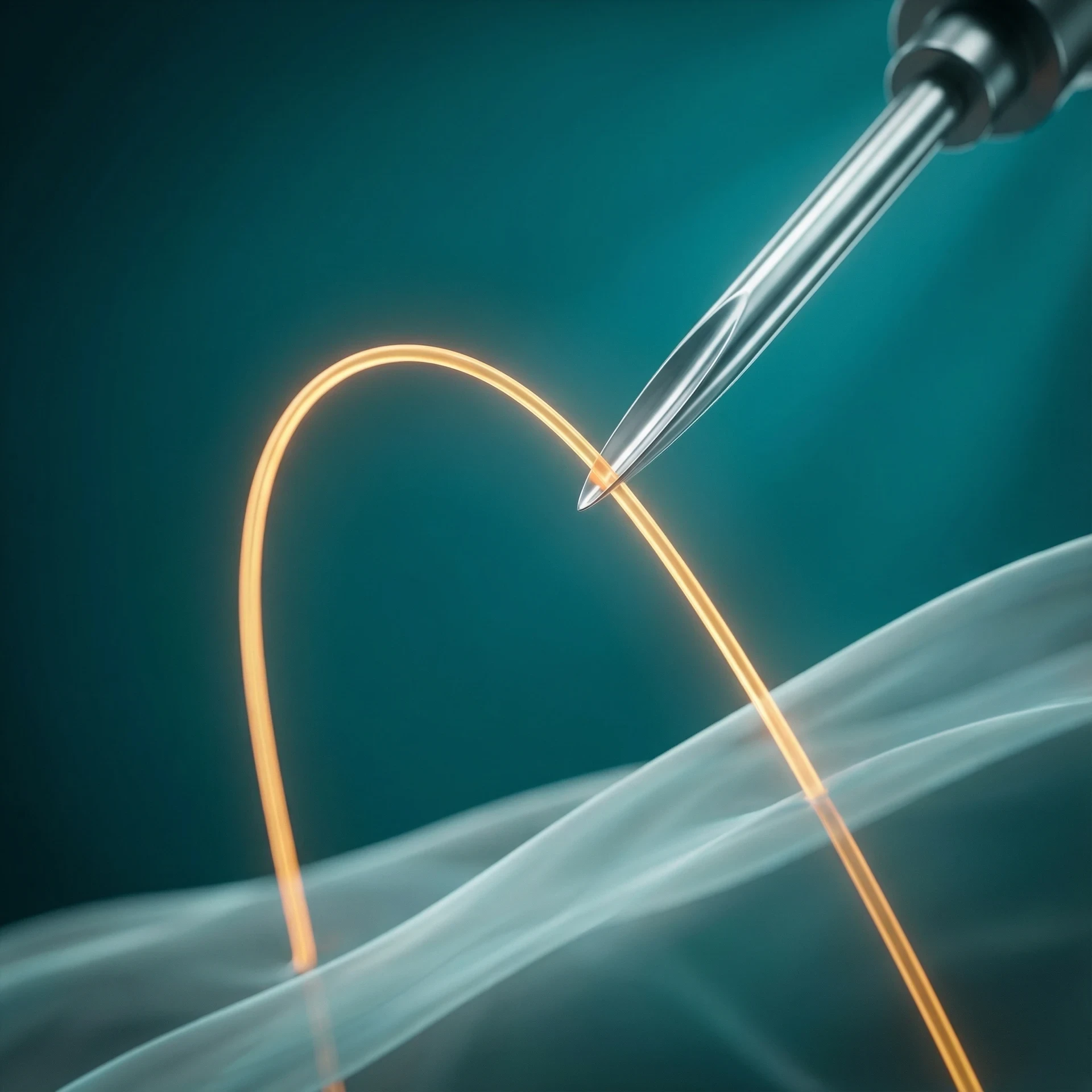 एक high-resolution rendering एक robotic surgical probe का है जिसमें motion scaling और tremor filtration है, जो एक delicate tissue structure के साथ interact करते समय rock-steady precision दिखा रहा है।