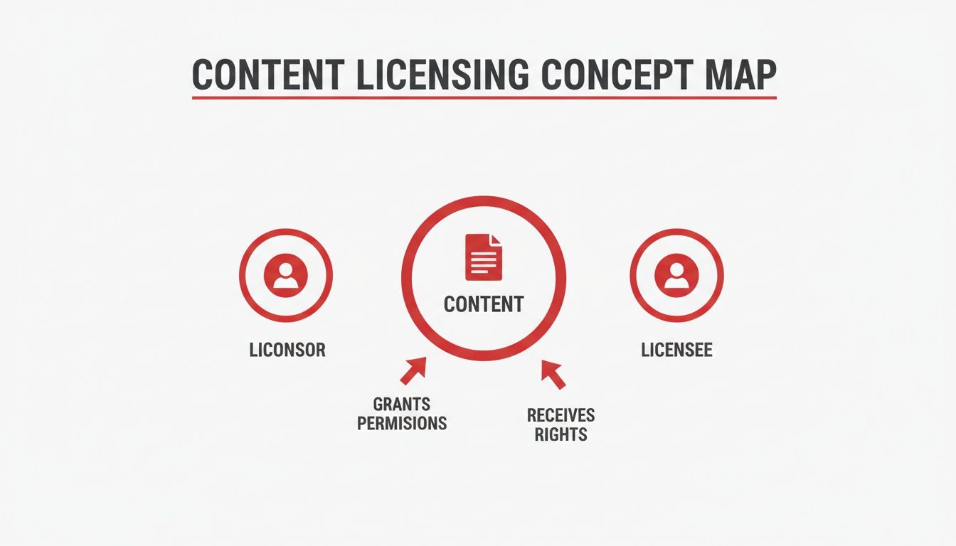A content licensing concept map showing a liconsor granting permissions for content to a licensee receiving rights.