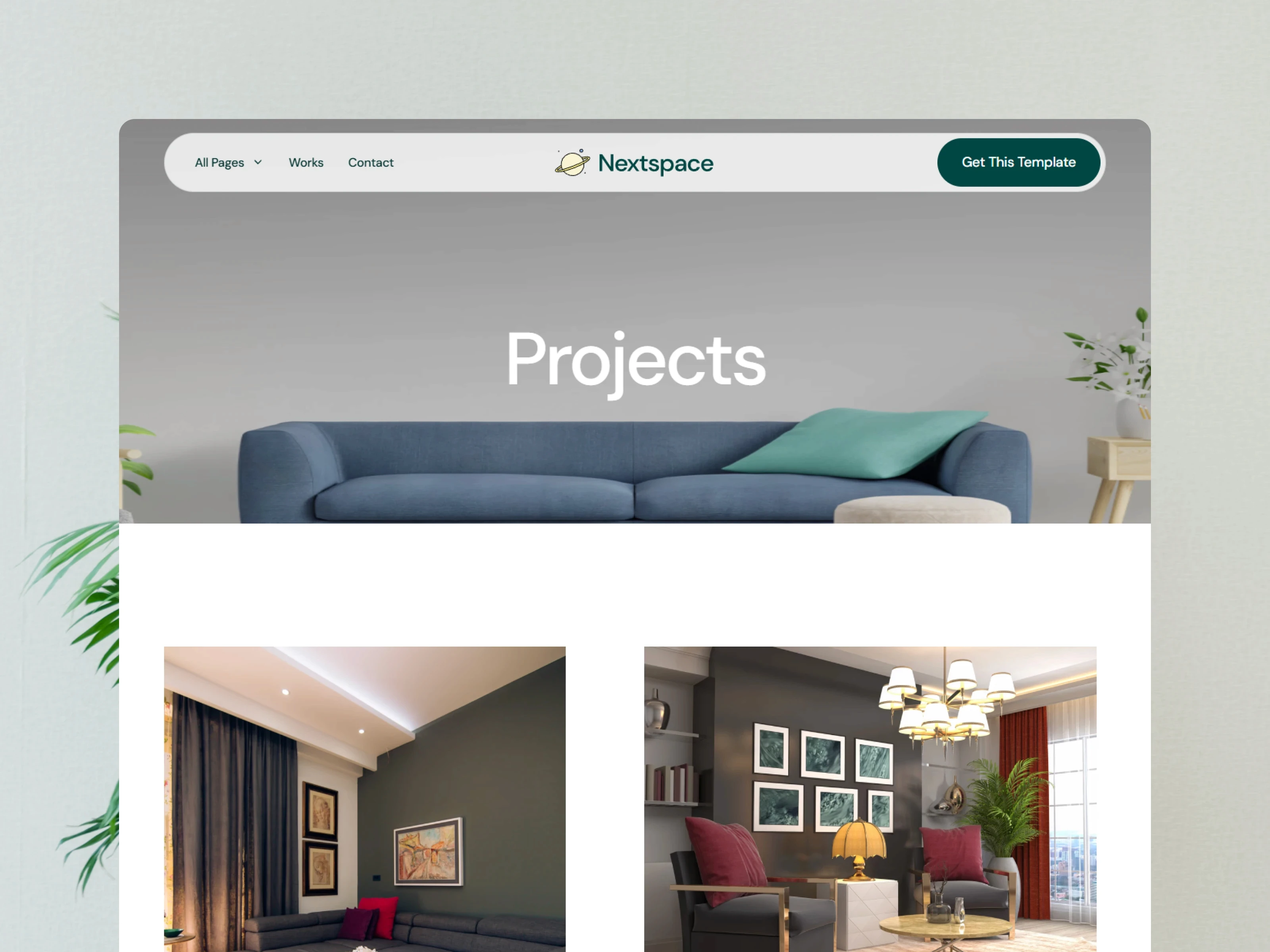 Nextspace interior design website template featuring a blue sofa and project gallery.