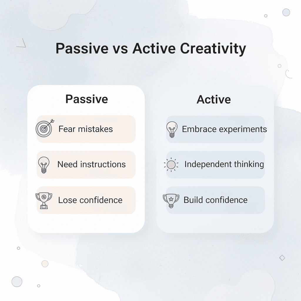 Comparison showing passive versus active creativity approaches
