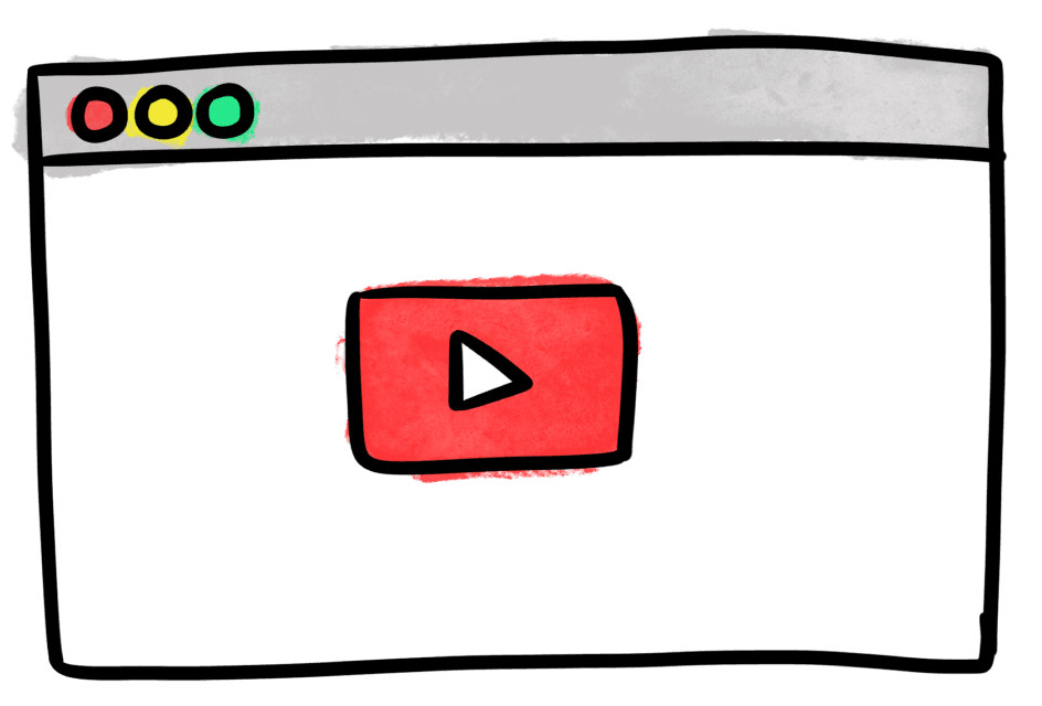 Illustration of a web browser window displaying a play button, representing recorded training sessions