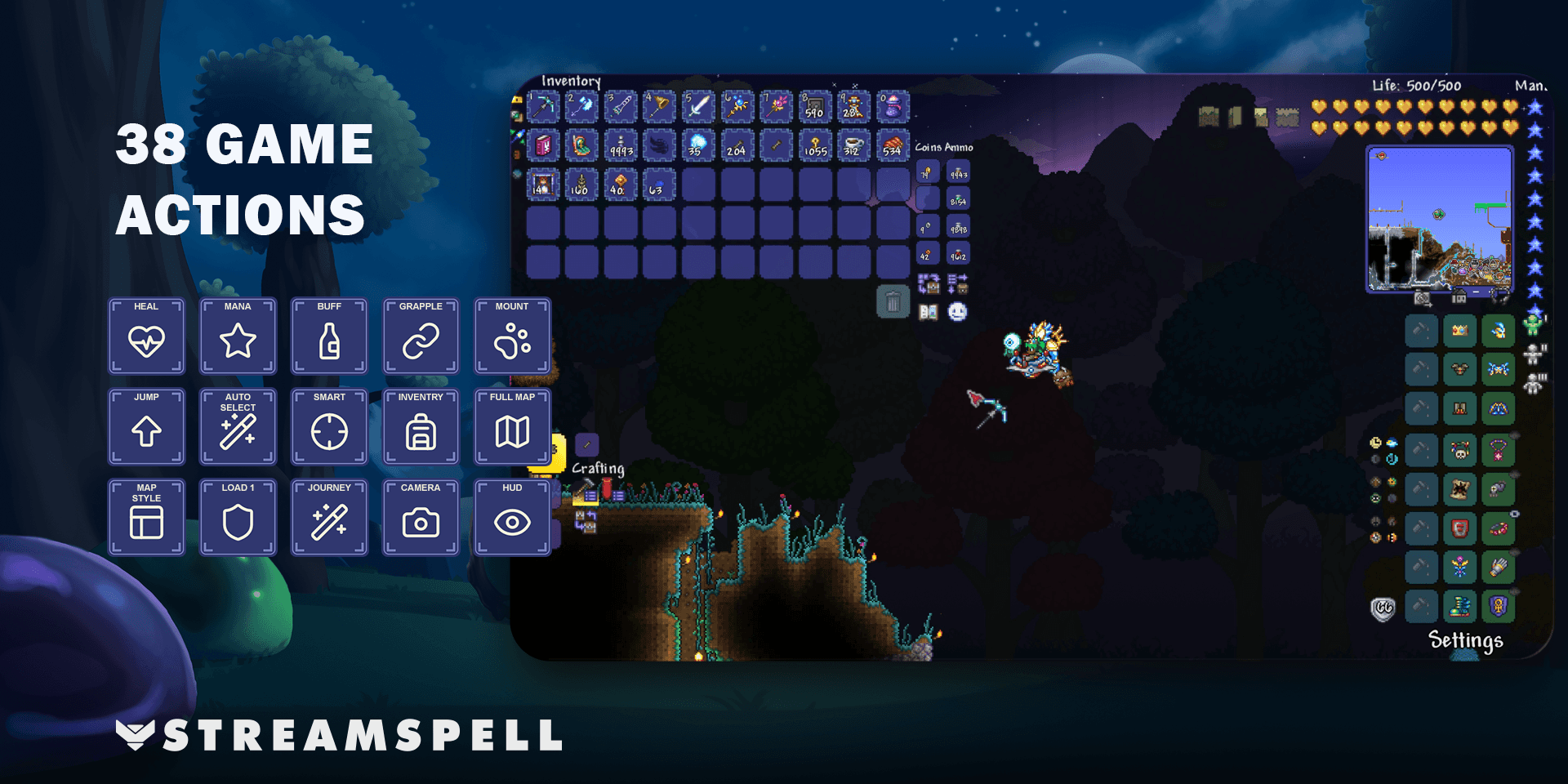 Terraria gameplay and labeled Stream Deck icons for healing, mana, buffs, grappling, mounts, inventory and map controls