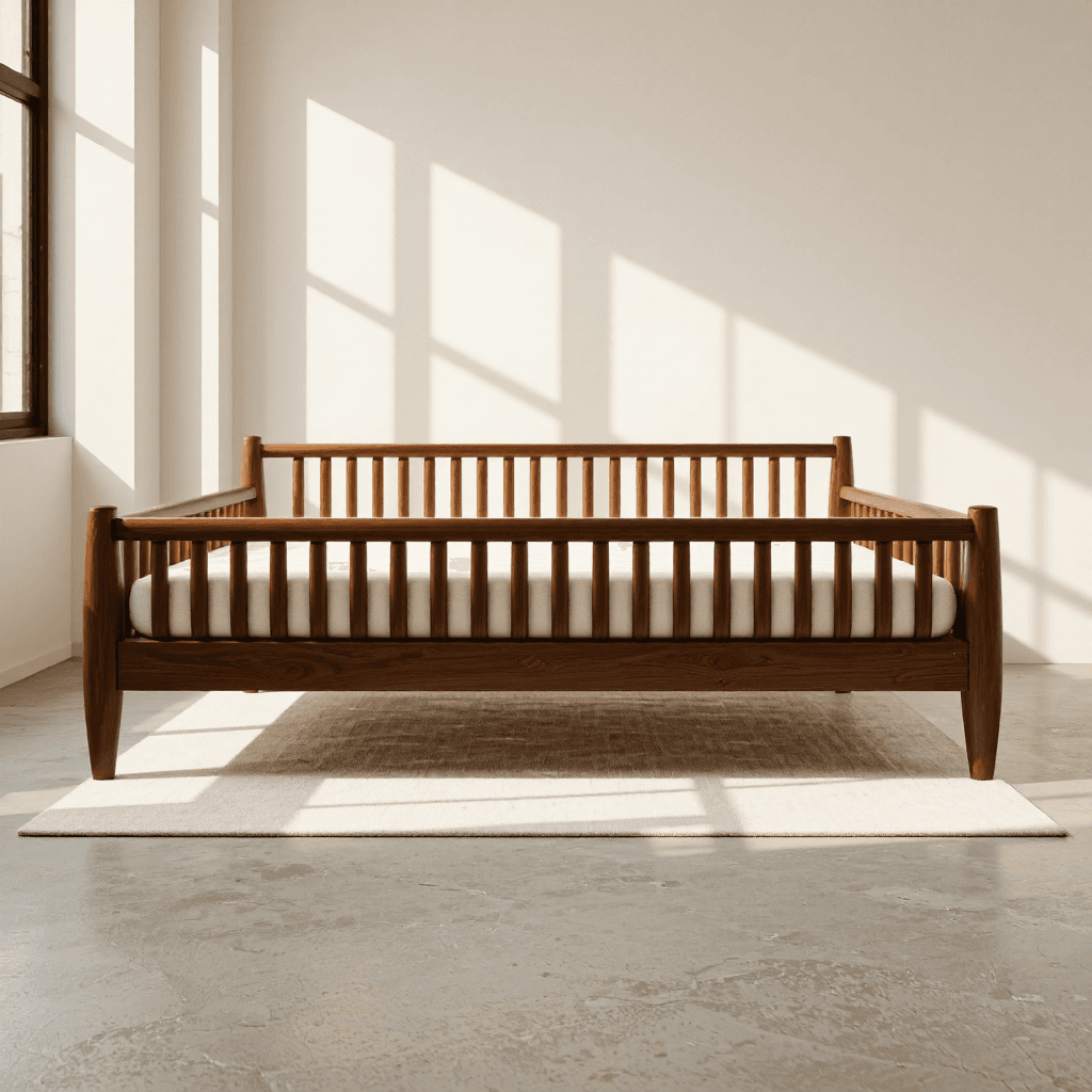 product photography of a wooden bed frame with a slatted design and a mattress