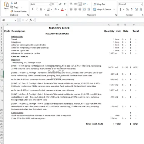 Microsoft Excel Takeoff Masonry Trade by SubsQS