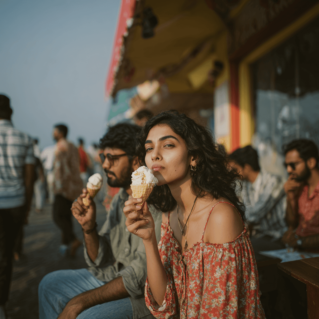 A hand lifting the first slice of a pizza on a marble table