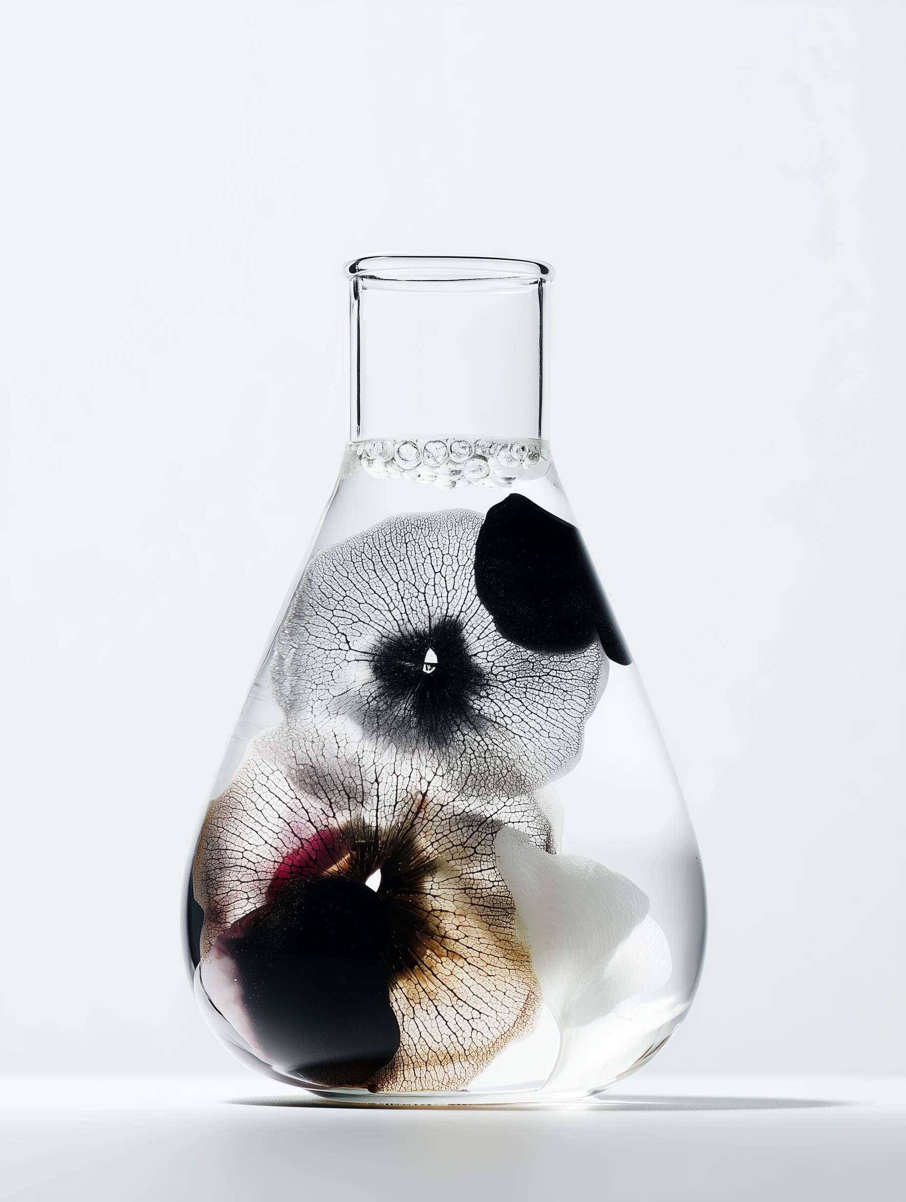 Modern table lamp with a black base and white shade casting a warm glow on a neutral background.