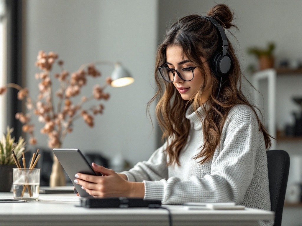 Woman wearing headphones and glasses using a tablet
