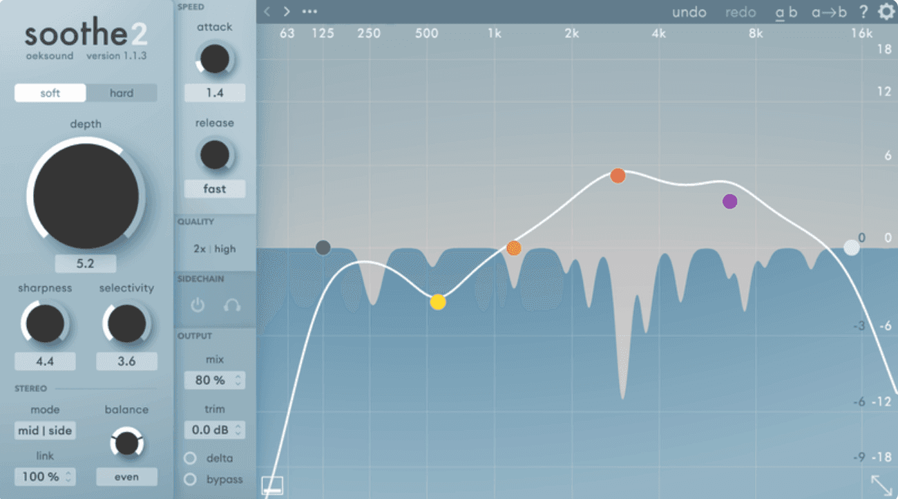 An open window of the Soothe2 by Oeksound VST plugin