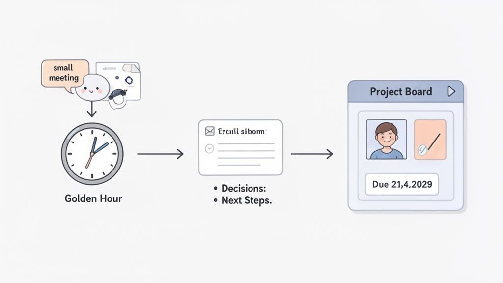 A flowchart illustrates turning meeting outcomes into actionable project tasks during a 'Golden Hour'.