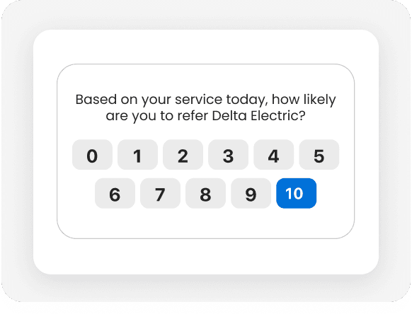 NPS survey asking how likely a customer is to refer their plumbing business, with a 10 selected on the rating scale.