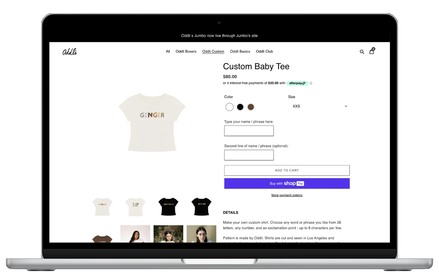 Original product page for Custom Baby Tee with centered product image, color options, and purple 'Buy with ShopPay' button