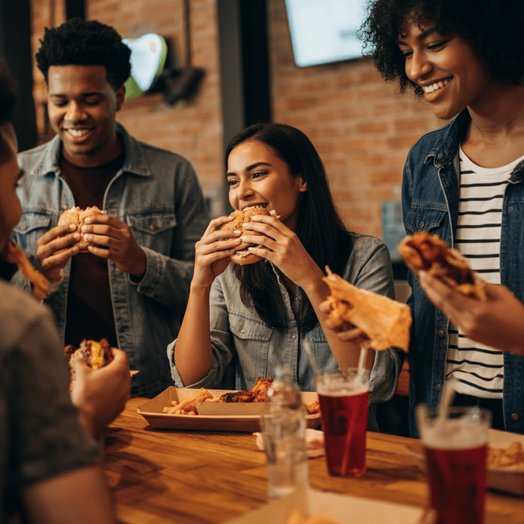 Happy friends eating barbeque food surrounding a table at a restaurant.