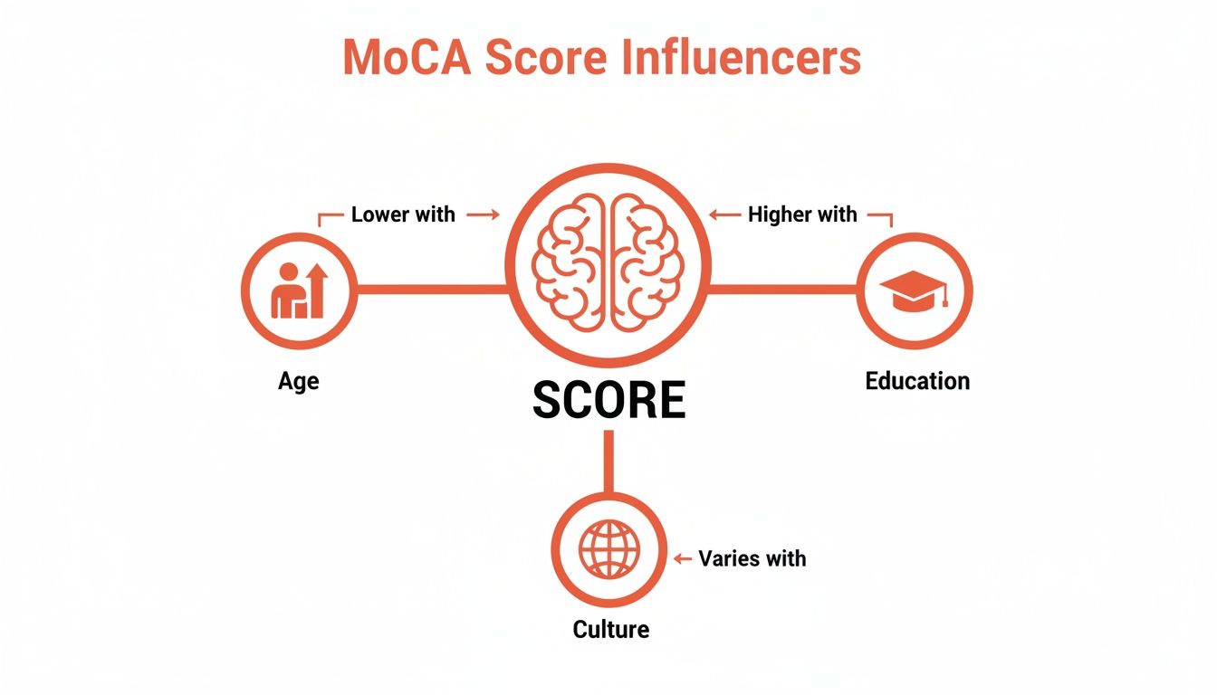 Infographic showing MoCA score influencers: age lowers, education raises, and culture varies.