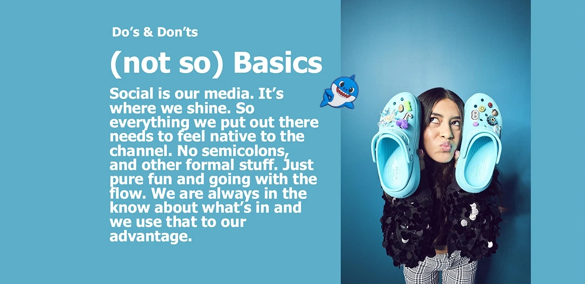 Crocs social media brand guidelines '(not so) Basics' dos and don'ts page showing young woman playfully holding two baby blue Classic Clogs with Jibbitz charms against her face on teal background