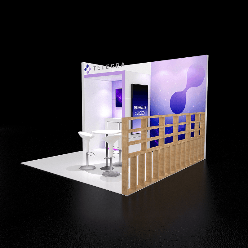 10x10 backlit booth rental with meeting table and stools