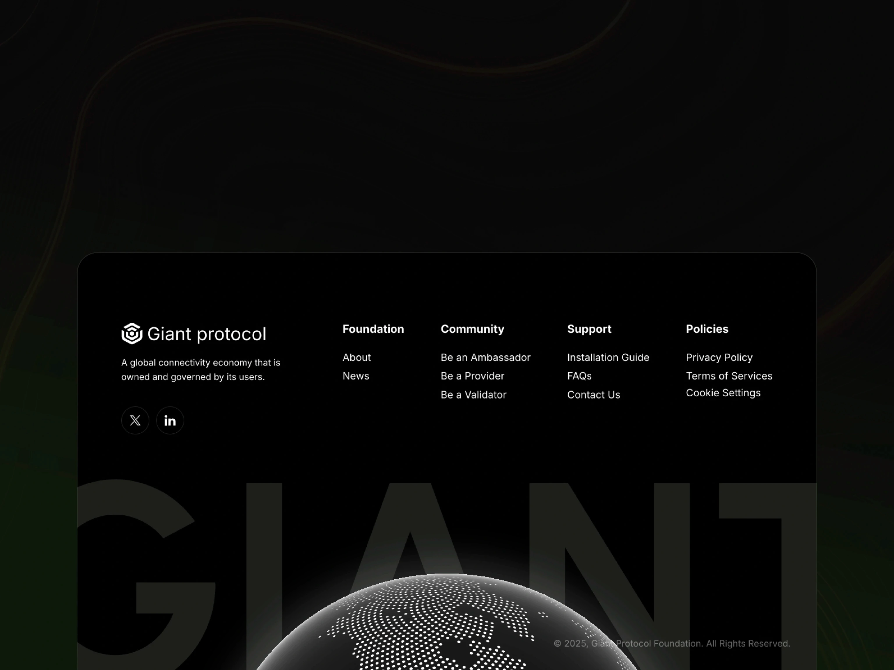 Giant Protocol footer with navigation links and a digital globe