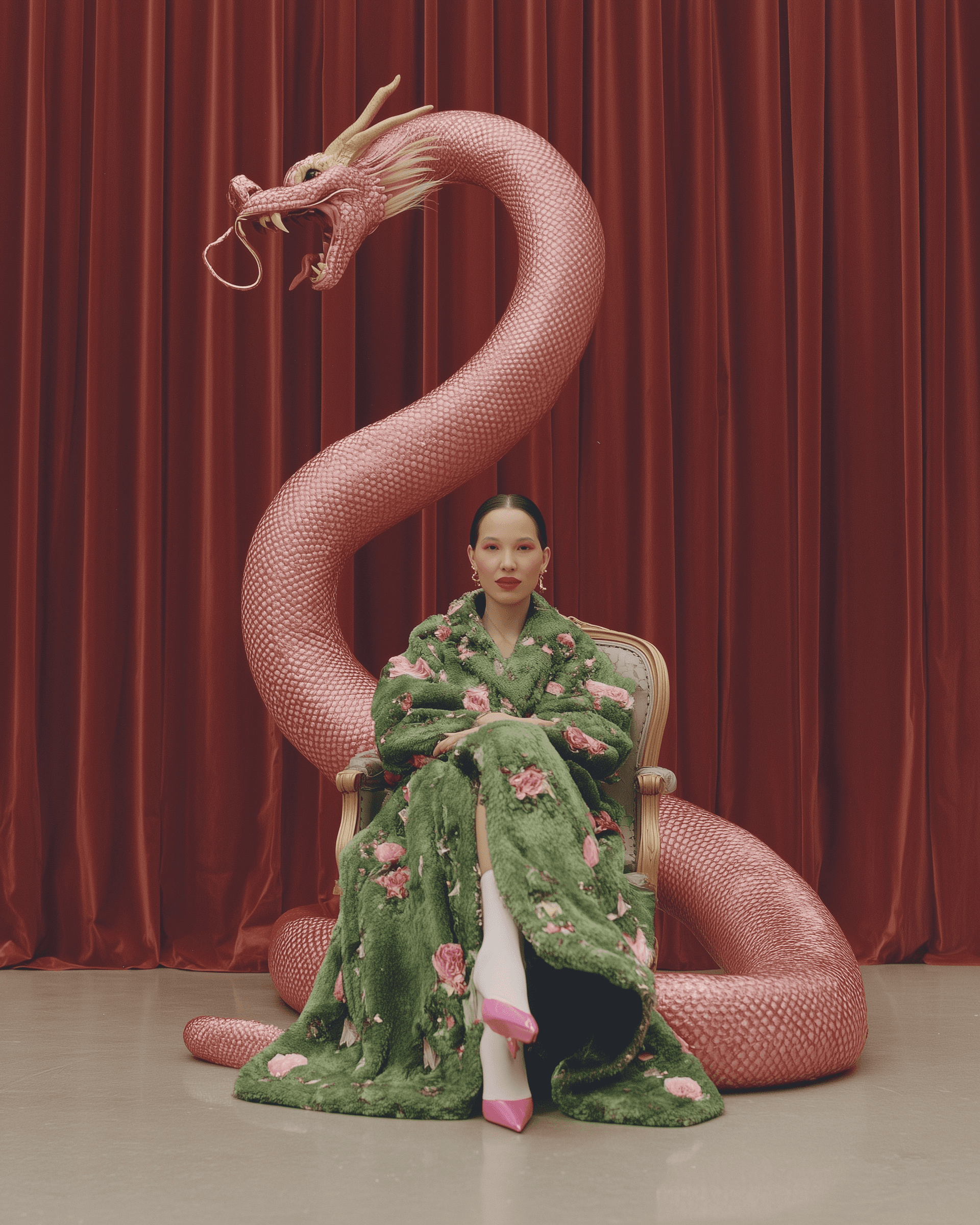 Woman in green floral coat and pink heels with a pink dragon.