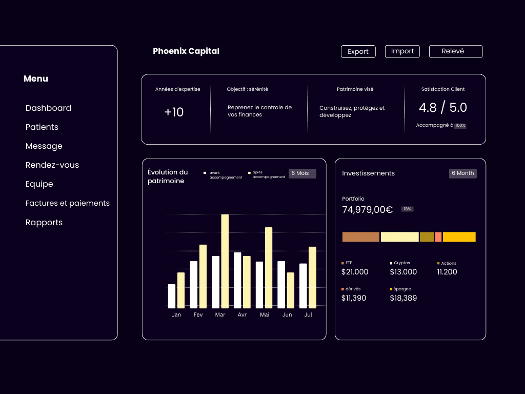 Clario dashboard showing balance, daily spending limit, savings plans, and real-time expense tracking in a modern interface.