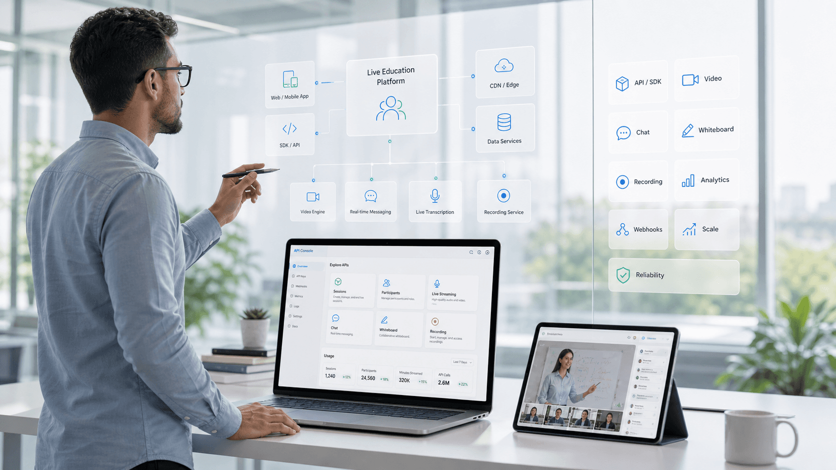 Developer reviewing virtual classroom API features and live education platform integrations