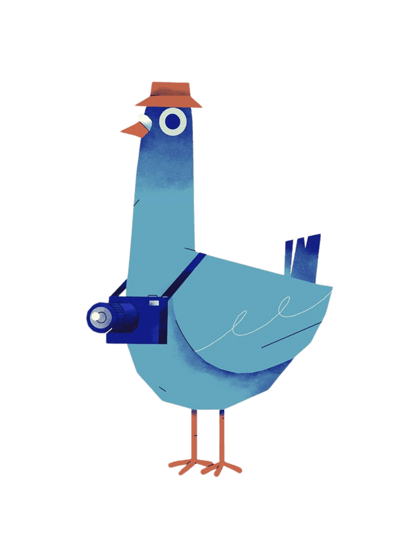 An illustration of a bird wearing a camera slung around its neck