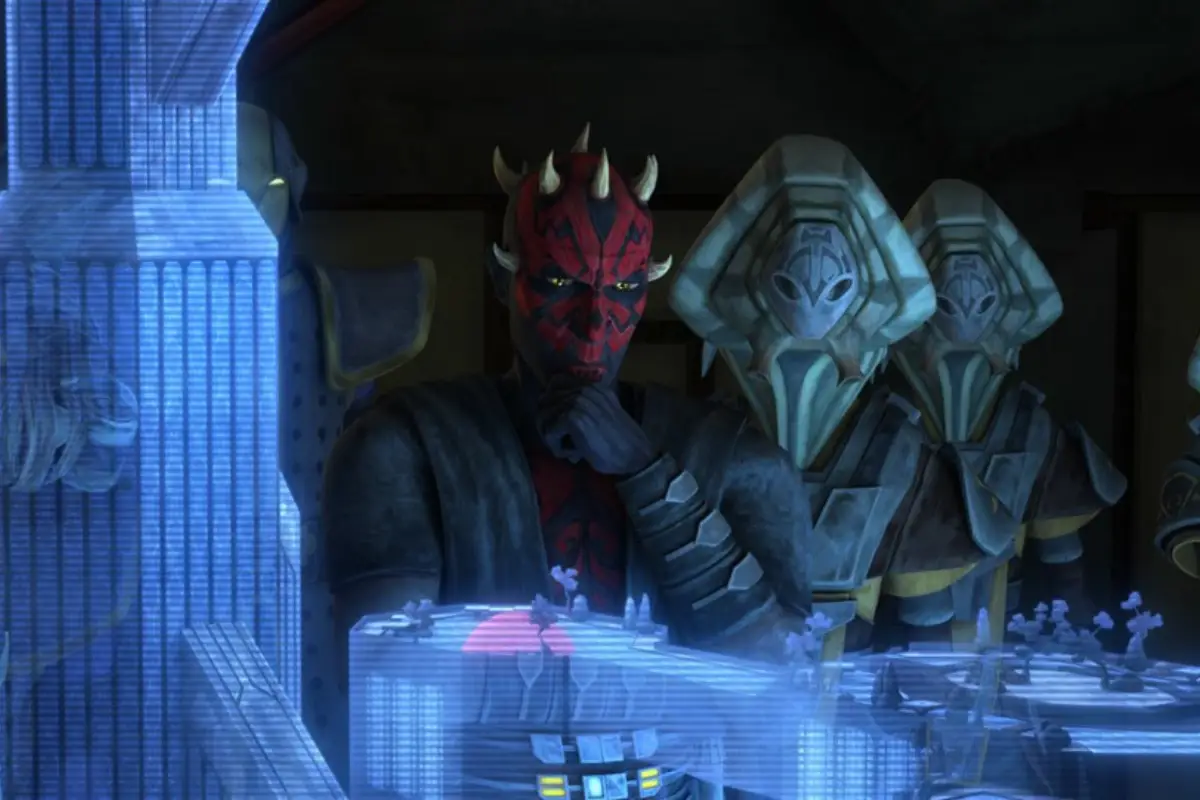 Maul and members of the Pyke Syndicate observe a hologram.