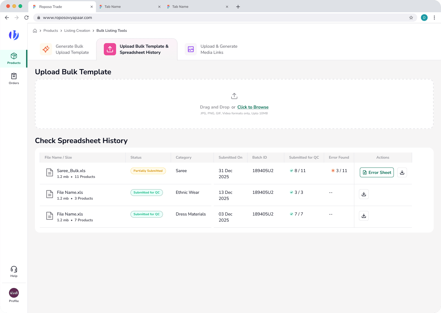 Upload catalogue in bulk and track every submission — with error sheets to fix and resubmit quickly.