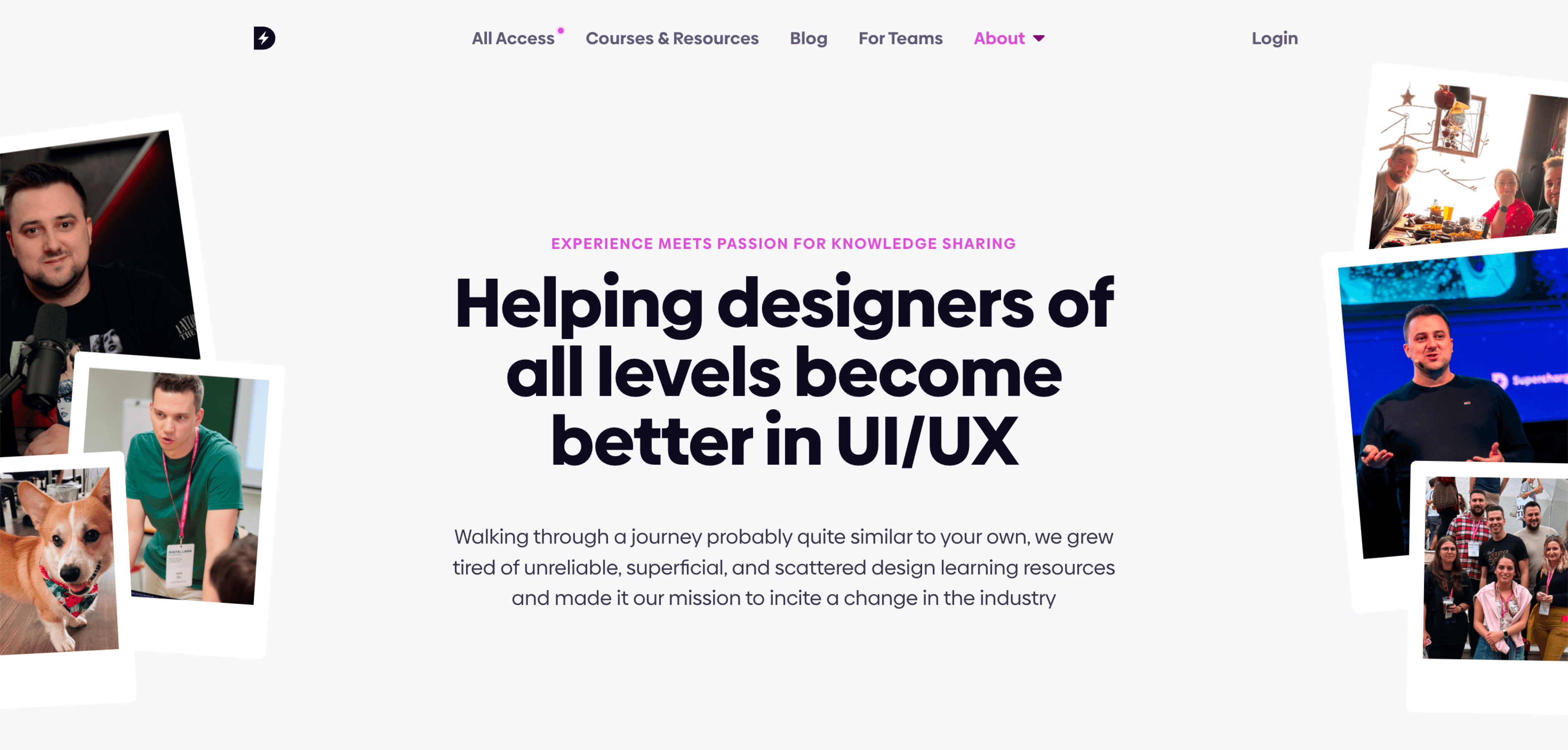 UI/UX learning website hero section with bold headline and surrounding team photos.