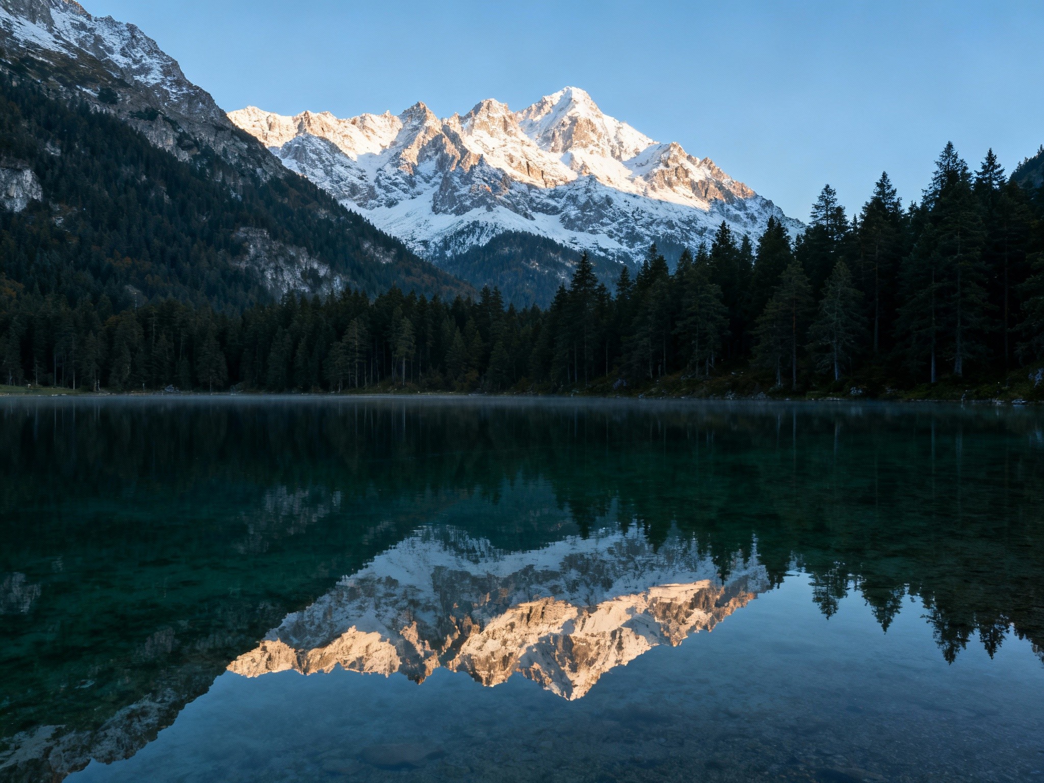 An expansive composition of a crystal-clear mountain lake at dawn, showcasing a mirror-like water