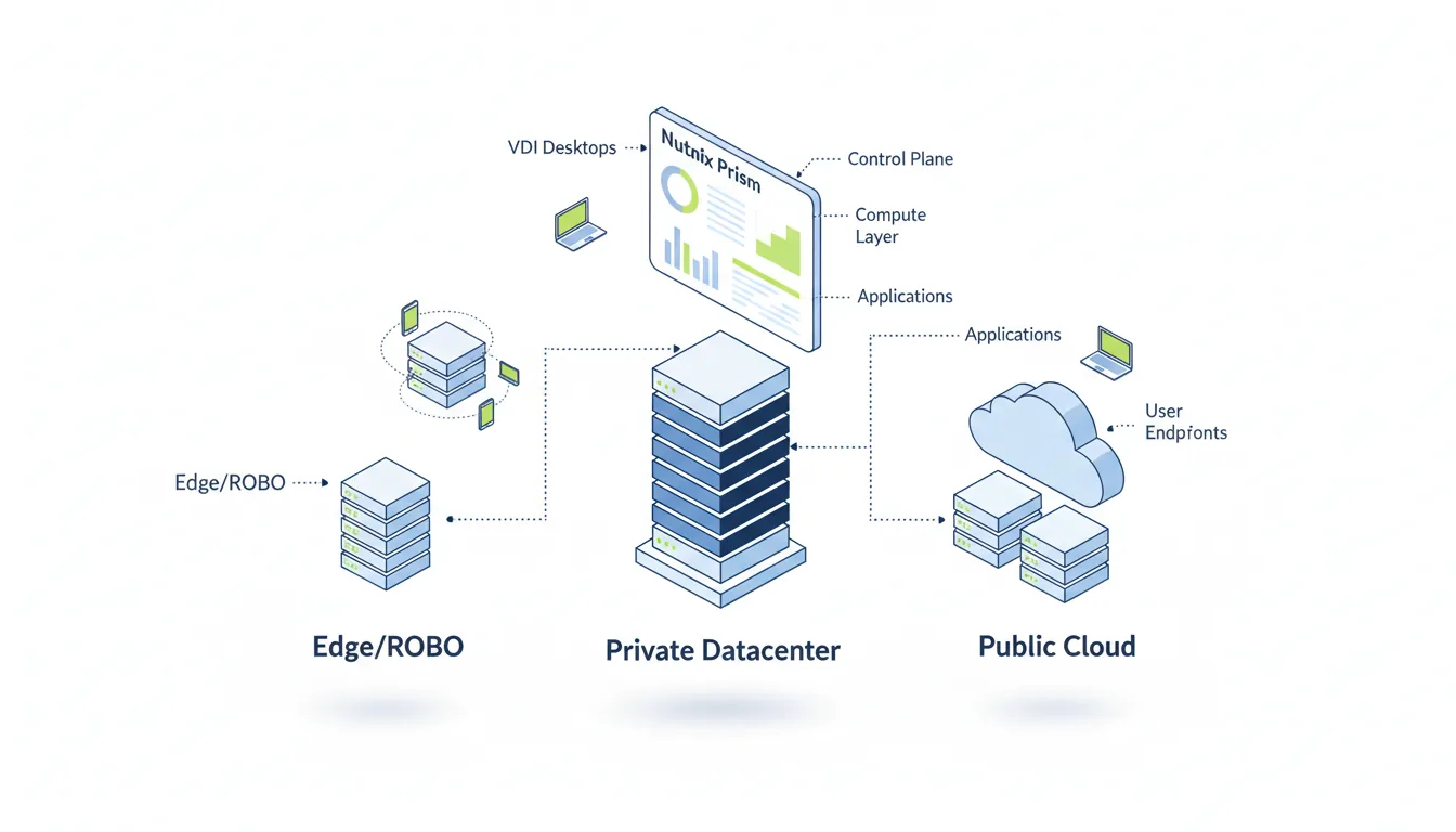 Isometric 3D render of a VDI platform technical architecture diagram, clean vector art style. On a white studio backdrop, a central 'Private Datacenter' skyscraper icon is flanked by multiple layered server stacks. A 'Public Cloud' icon and a smaller 'Edge/ROBO' server icon also have their own layered server stacks. A floating management dashboard UI, representing Nutanix Prism, displays abstracted charts and connects to all three environments with thin dotted lines. The design is minimalist with a light blue and chartreuse green color palette, dark blue line art, soft global illumination, and subtle floating shadows. Abstracted text labels with leader lines point to the different layers and components.