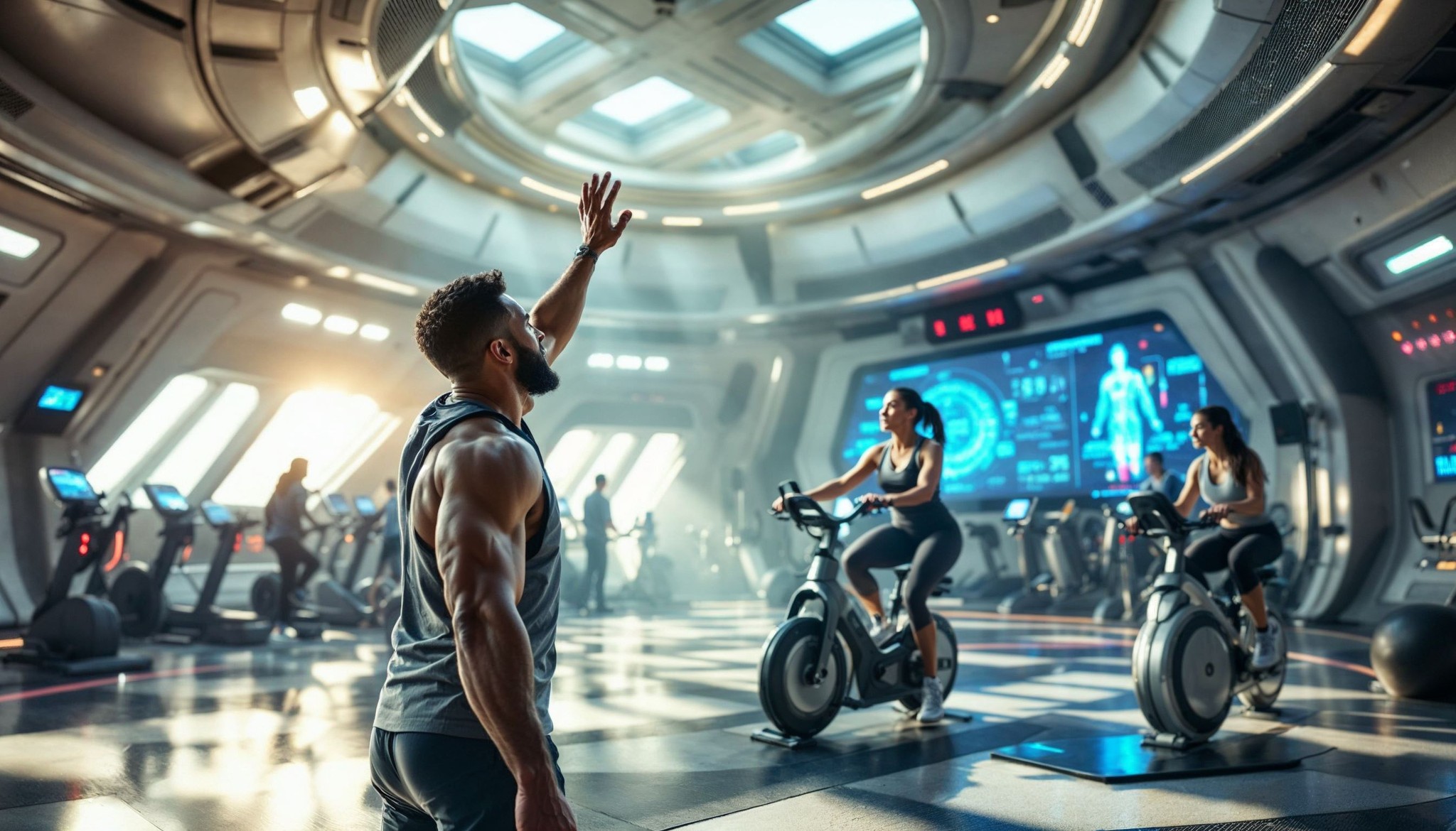 A futuristic gym with two women cycling on stationary bikes. A man dressed in workout gear raises his hand, perhaps signaling or stretching. Digital screens display fitness data in a brightly lit, high-tech environment.