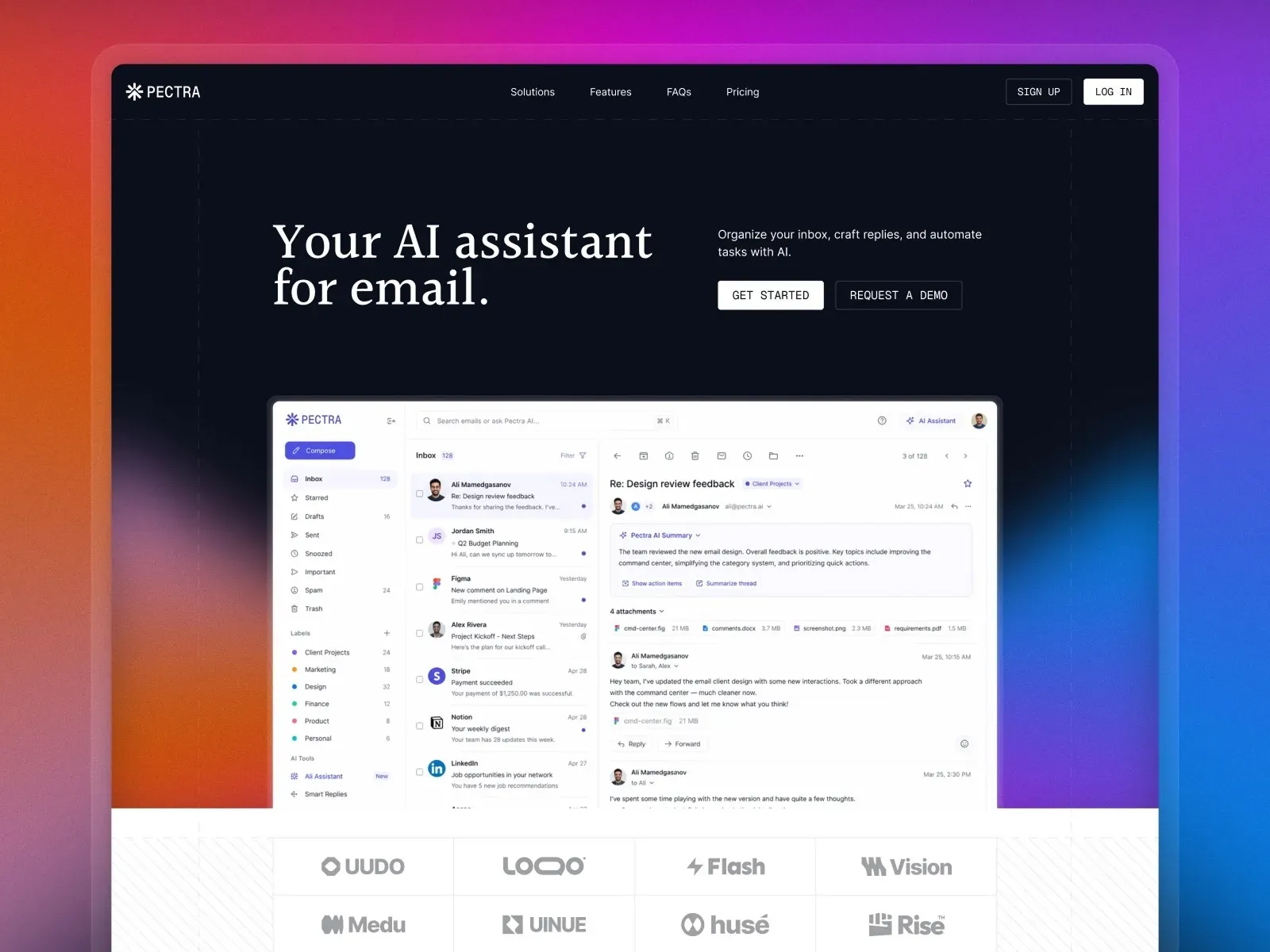 Email management software interface with AI assistant features.