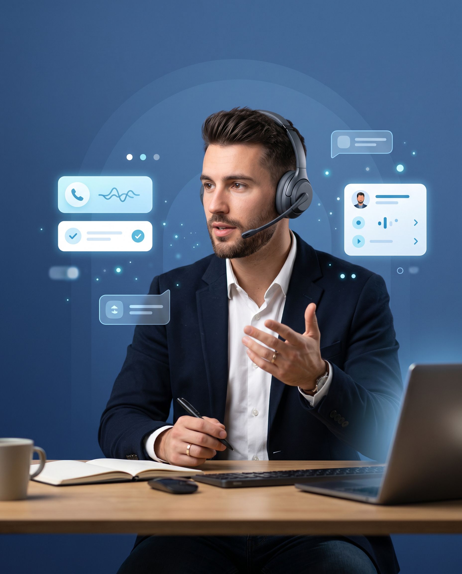 Télésecrétaire Loiretel au casque sur fond bleu illustrant les bénéfices du télésecrétariat