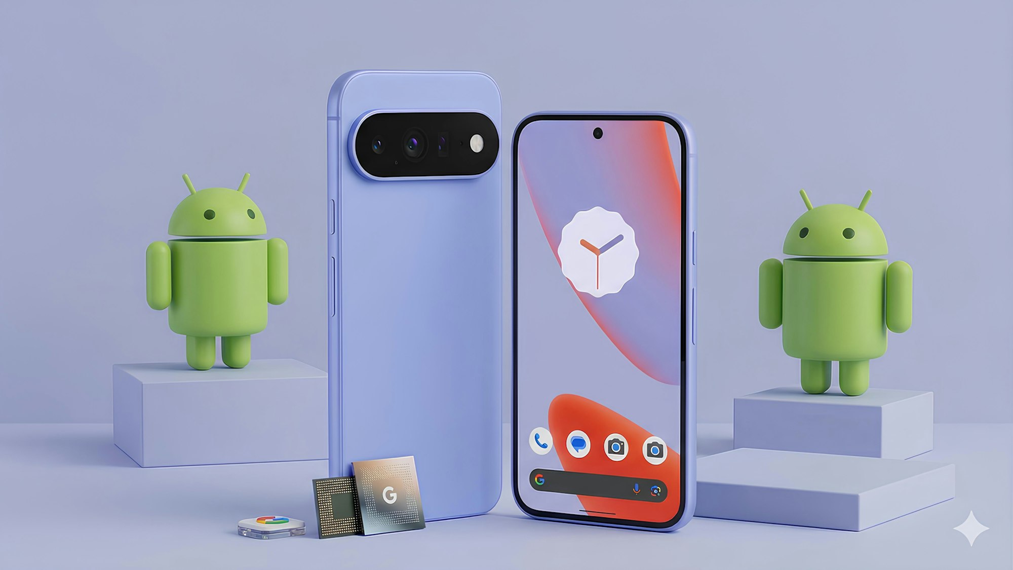 Two green Android robot figures beside a Google Pixel phone showing its home screen
