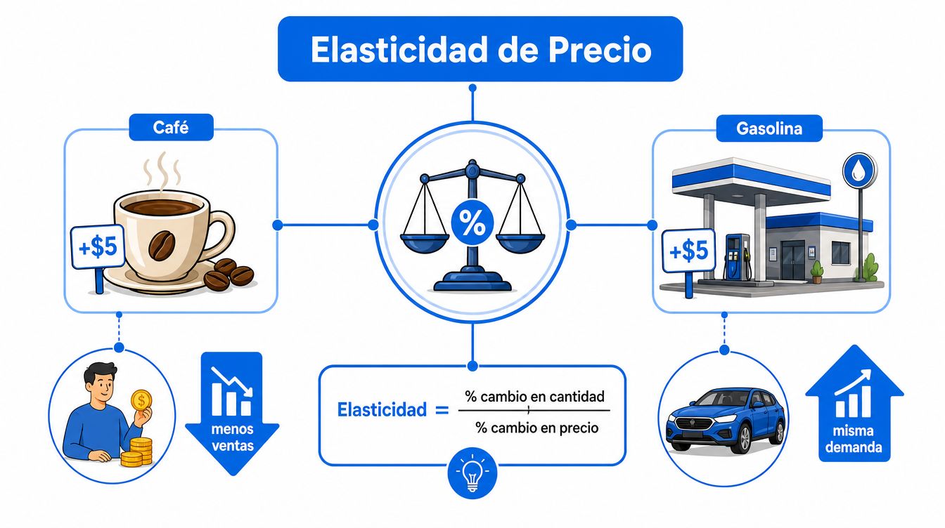 Diagrama educativo sobre elasticidad de precio comparando la demanda de café y gasolina ante aumentos de costo.