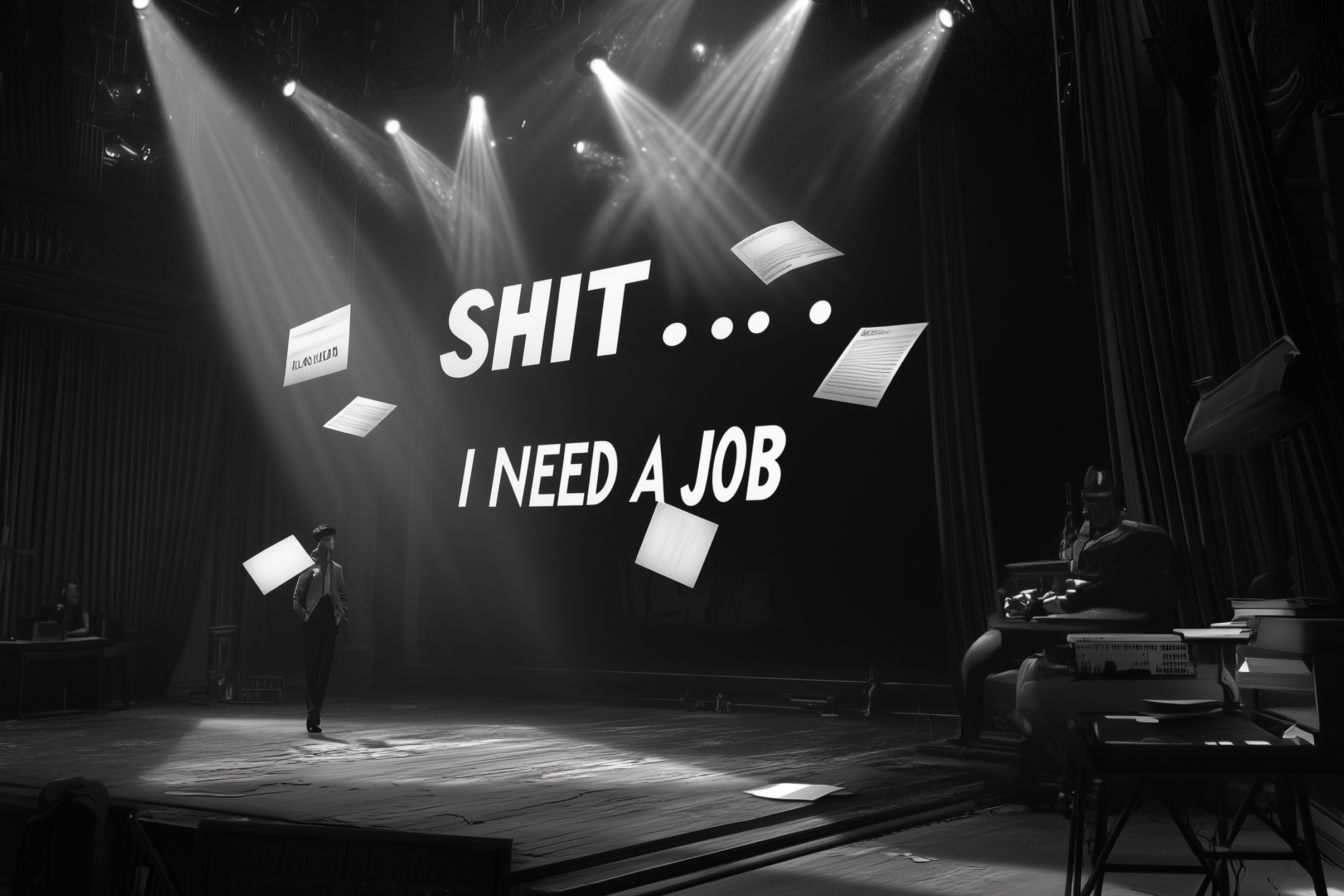 "Shit I need a job" text floating behind stage