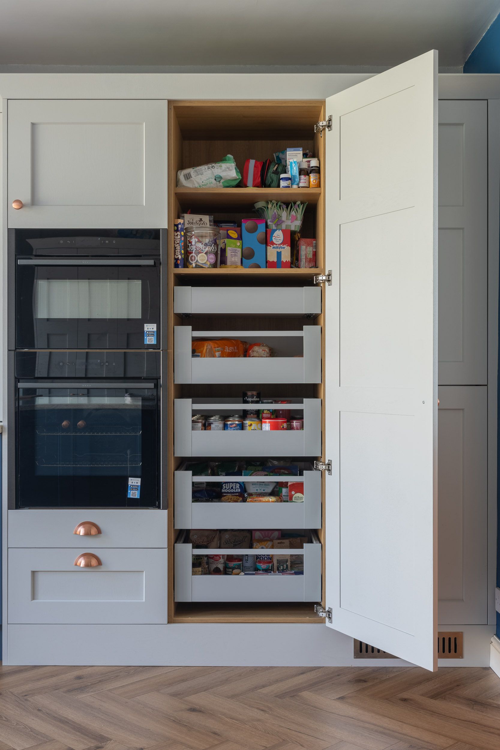 food larder with drawer system in shaker kitchen