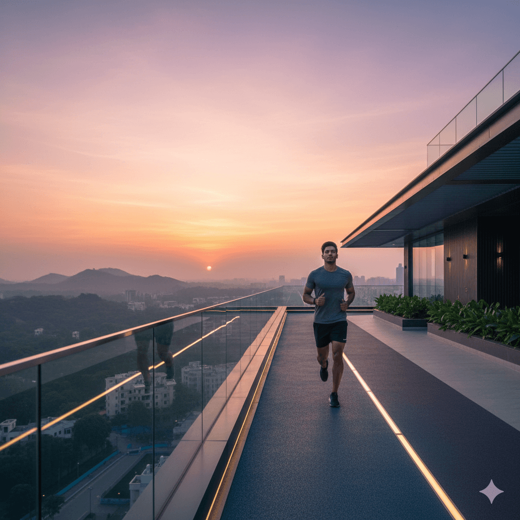 Rooftop jogging track with panoramic views of the city skyline, M3M wellness amenities