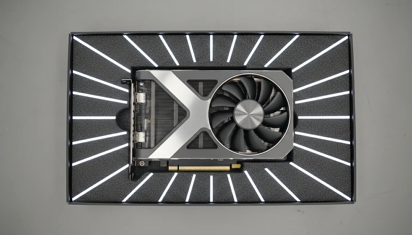 DSLR photography, top-down product shot of a modern NVIDIA RTX 4070 Founder's Edition GPU under clean, soft studio lighting. The graphics card is centered, resting inside its dark gray packaging inlay which features bold white lines radiating from the middle. The GPU has a matte dark gray metal body, a prominent silver metallic X-shaped frame, and a large black cooling fan with a brushed metal center. Sharp focus, hyper-detailed, clean industrial aesthetic.