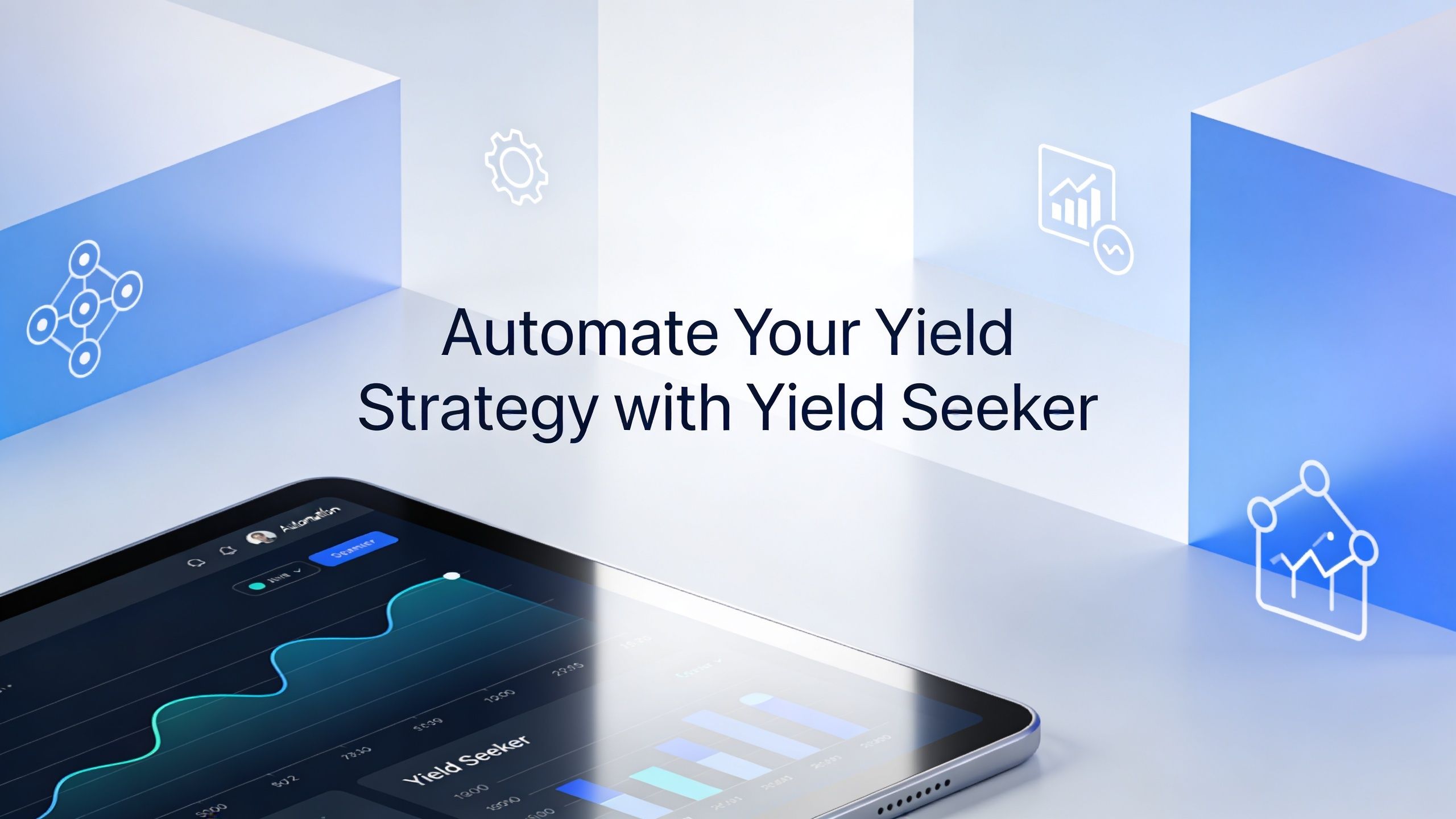 A tablet screen displaying a Yield Seeker financial automation interface with data charts and graphs.